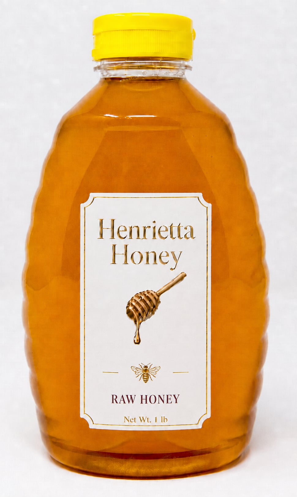 Bottles of raw wildflower honey lined up on a wooden shelf against a yellow wall