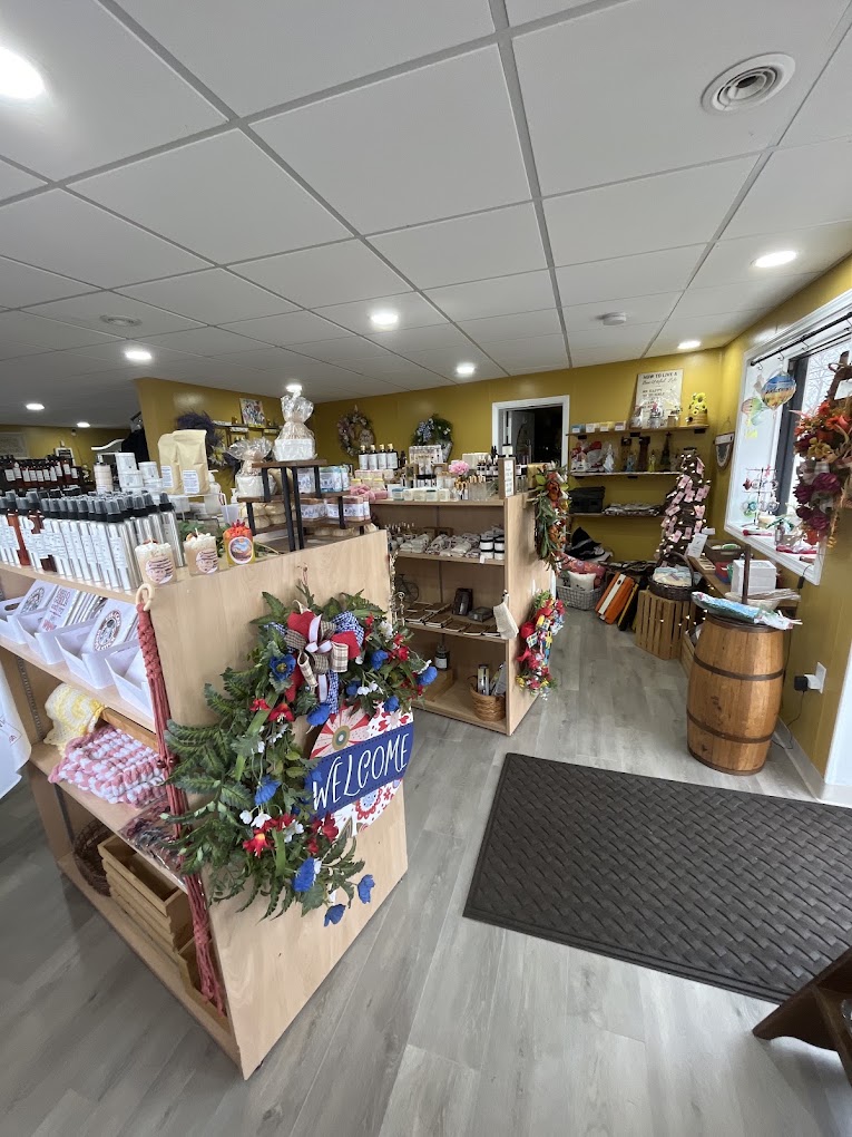 Inside the Henrietta Honey & Mercantile shop, with hand-made wreaths and shelves of local goods